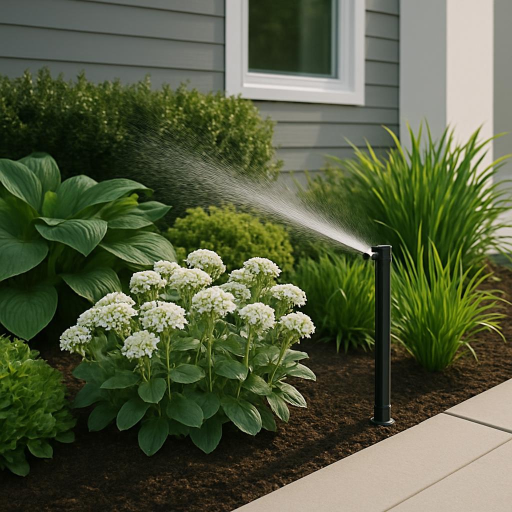 A black sprinkler emits a stream of water into a garden in front of a gray siding house with a white-trimmed window. The g...